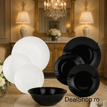 Serviciu de masa termorezistent opal 19 piese, farfurii rotunde alb si negru Pukka