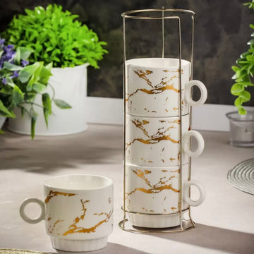 Set 4 cești ceramică,250 ml, marmură albă cu auriu ,suport metalic
