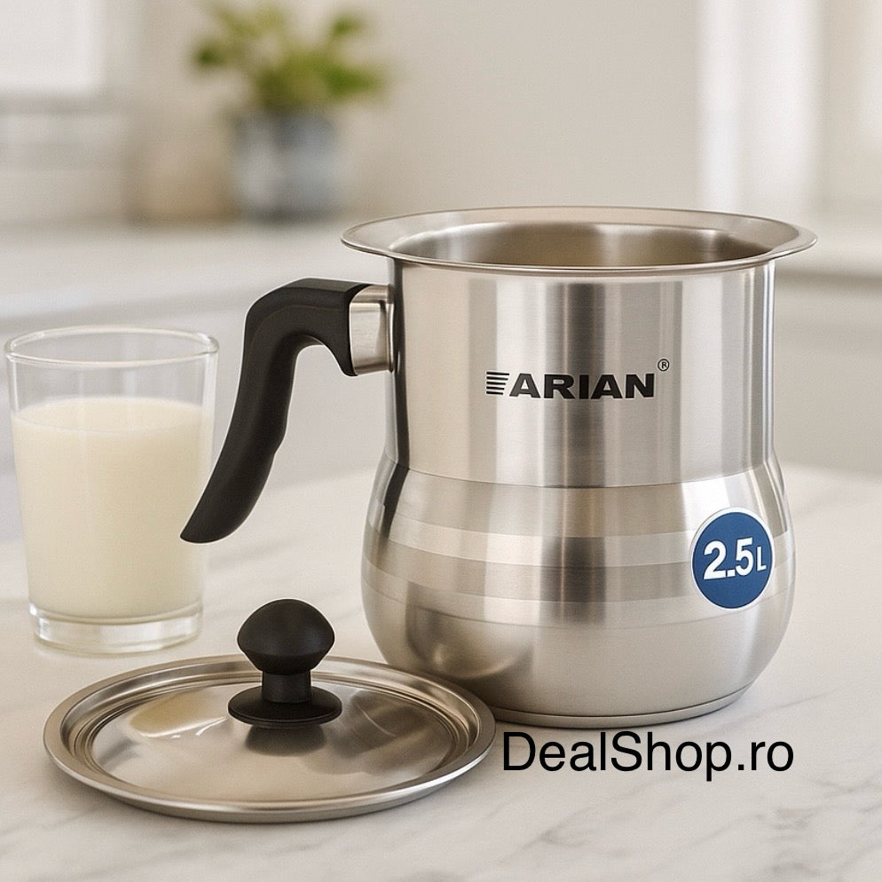 Oala de lapte cu fluier Arian 2.5 L din inox – pereti dubli capac inox potrivita pentru toate tipurile de plite