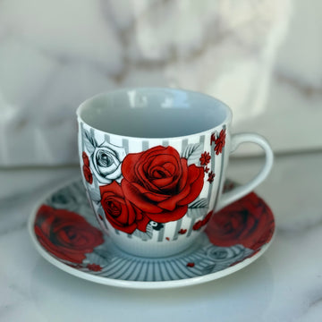 Set 6 cești cu 6 farfurii din porțelan, 120 ml – model floral cu trandafiri
