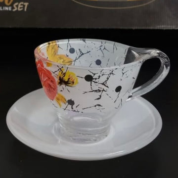 Set 6 cesti de ceai sau cafea din sticlă, 200 ml cu un design floral pictat și puncte negre,Galaxy