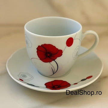 Set 6 cești cu 6 farfurii din porțelan 120 ml model floral Mac cafea ceai