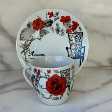 Set 6 cești cu 6 farfurii din porțelan 120 ml – model floral
