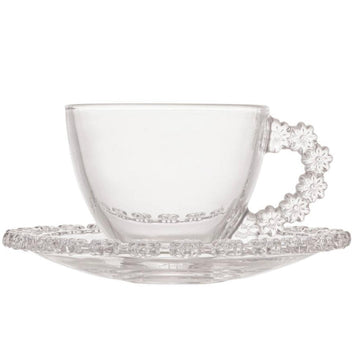Set 6 Cești din Sticlă 200 ml cu Farfurioare – Design Floral Elegant, Ideal pentru Cafea și Ceai