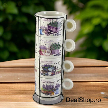 Set 4 cesti din ceramica cu suport metalic Lavender 250 ml