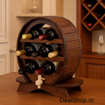 Suport vin de lemn pentru 7 sticle cu robinet