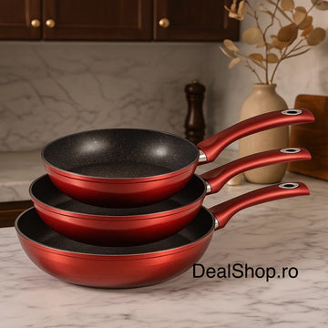 Set 3 Tigăi cu Înveliș din Marmură Royalty Line Red– Diametru 20 cm, 24 cm și 28 cm Antiaderente pentru Gatit Sănatos și Uniform
