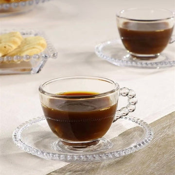Set 6 cești 200 ml+6 farfurii sticlă,design margini perlate Mansoura