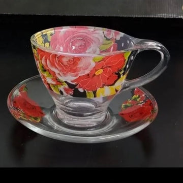 Set 6 cești sticlă,200 ml cu 6 farfurioare decor floral Galaxy