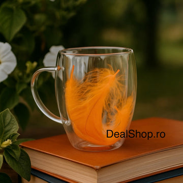 Set 12 Cești din Sticlă cu Pereți Dubli ,350 ml– Design Elegant cu Pene Portocalii