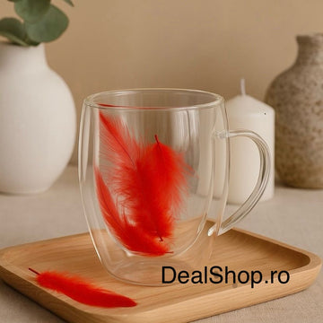 Set 4 Cești din Sticlă Dublu-Perete cu Model Pene Roșii 350 ml