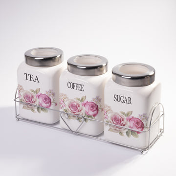 SET 3 RECIPIENTE CONDIMENTE CERAMICA CU CAPAC INOX SI SUPORT METALIC