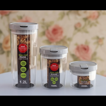 Set 3 Recipiente Rotunde pentru Alimente cu Capac Etanș, 350 ml, 700, ml 1.2 L, Plastic Transparent