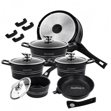 Set cratite 14 piese Royalty Line ES2014 de lux cu mânere detașabile Negru Potrivit cuptor Acoperire antiaderentă