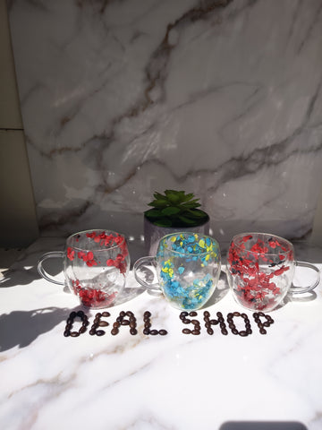 Set 4 cesti cafea din sticla termorezistenta cu pereti dubli model flori uscate 250 ml