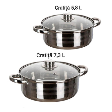 Set 2 Cratite inox Joase cu Capac, 5,8 si 7,3 Litri, Fund Multistrat Royalty Line Premium