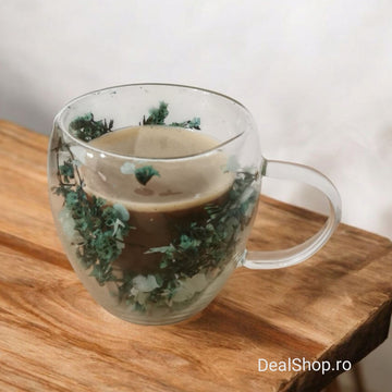 Set 4 Cesti Cafea din Sticla Termorezistenta cu Pereti Dubli si Model Flori Uscate Verde, 250 ml