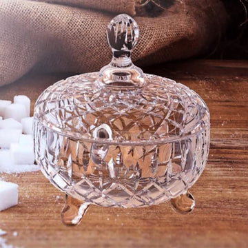 Bomboniera cu capac si picioare, Sticla, Design in Relief, 210 ml, Transparent