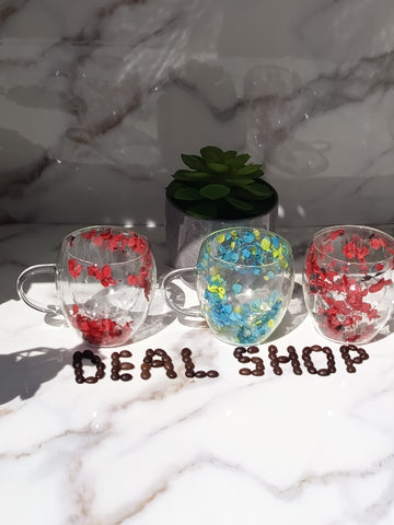 Set 12 cesti cafea pereti dubli sticla termorezistenta, model flori uscate, 250 ml