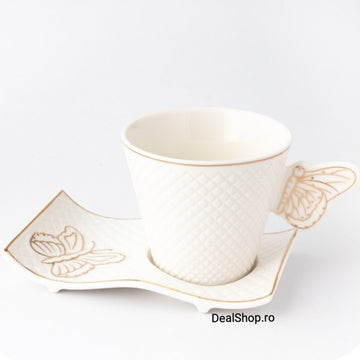 Set 6 cești cafea sau ceai 200 ml cu farfurioare alb cu Imprimeu auriu și model fluture, Malooki Luxury Collection
