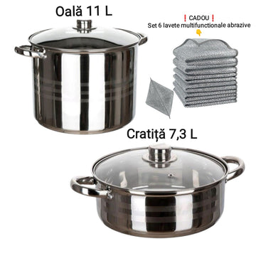 Set Oala Inox 11 litri si Cratita 7,3 litri cu Capac Fund Multistrat Royalty Line Premium + Set 6 Lavete Multifunctionale Cadou