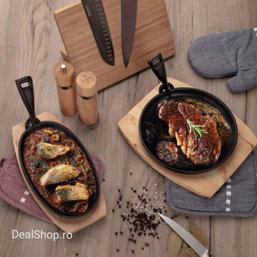 Tigaie grill din fonta pura ovala cu suport din lemn grătar fonta suport lemn 27 x 17,5 cm
