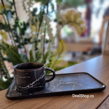 Set 6 cesti cafea ceai cu farfurioare ceramica fina marmura neagra Malooki Luxury Collection