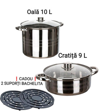 Set Inox Oala 10 litri si Cratita 9 litri cu Capac Fund Multistrat Royalty Line Premium + 2 Suporti din banchelita pentru Oale Cratite Cadou
