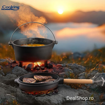 Ceaun Fontă Pură 2 în 1 Cooking by Heinner 7 litri cu Capac Tigaie Grill 29.5x16 cm GATIT SANATOS TRADITIONAL