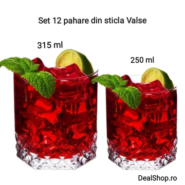 Set 12 Pahare din Sticlă Valse 6x250 ml & 6x315 ml Design Elegant pentru Servire Versatilă