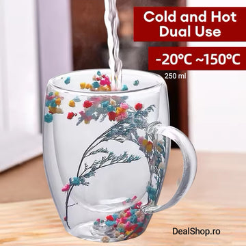 Set 2 Cesti Cafea din Sticla Termorezistenta cu Pereti Dubli si Model Flori Uscate