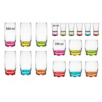 Set 18 pahare sticla color, 390 ml, 290 ml și 34 ml ideale pentru terasa sau evenimente cadoul perfect