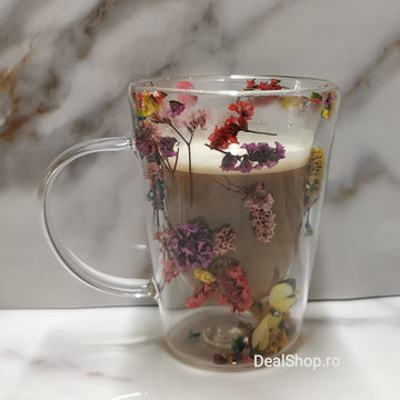 Set 12 Cani pentru Ceai, Cafea, Latte Machiato cu pereti dubli 320 ml, Model flori Uscate