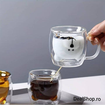 Set 4 cesti cafea pereti dubli sticla termorezistenta Coffe Model Ursulet 260 ml coffe tea