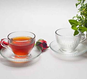 Set 6 cești cafea ceai Sticlă Transparentă cu Farfurii 190 ml Venice Eleganță și Stil pentru Momentele Tale de Răsfat