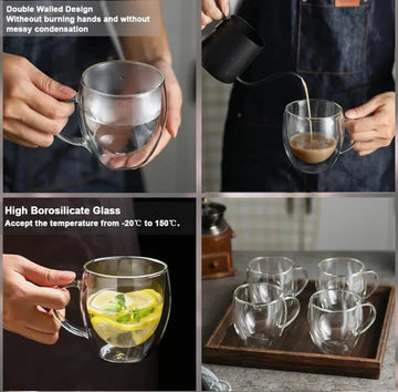 Set 6 cesti cafea cu pereti dubli din sticla termorezistenta 250 ml