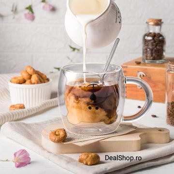 Set 6 cesti cafea pereti dubli sticla termorezistenta Model Ursulet 260 ml coffe
