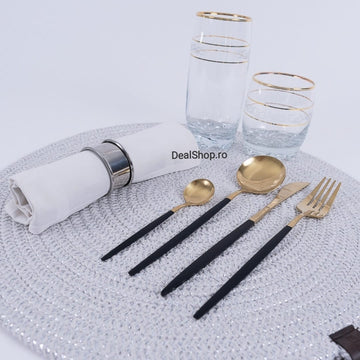 Set 12 persoane tacamuri 48 piese negru cu auriu cadoul perfect