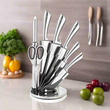 Set cutite 8 piese cu suport rotativ Royalty Line RL-KSS600 inox