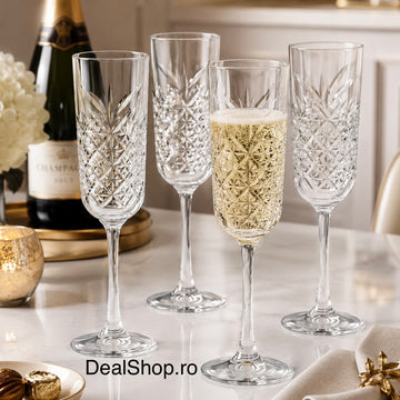 Set 4 pahare șampanie Pasabahce Timeless 175 ml, sticlă transparentă, elegante, model vintage