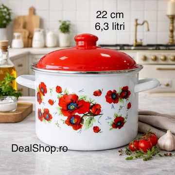 Oală Emailată cu Capac 22 cm, 6.3L, Model Maci Roșii – Oală Mare pentru Supe și Ciorbe, Emailată Interior-Exterior