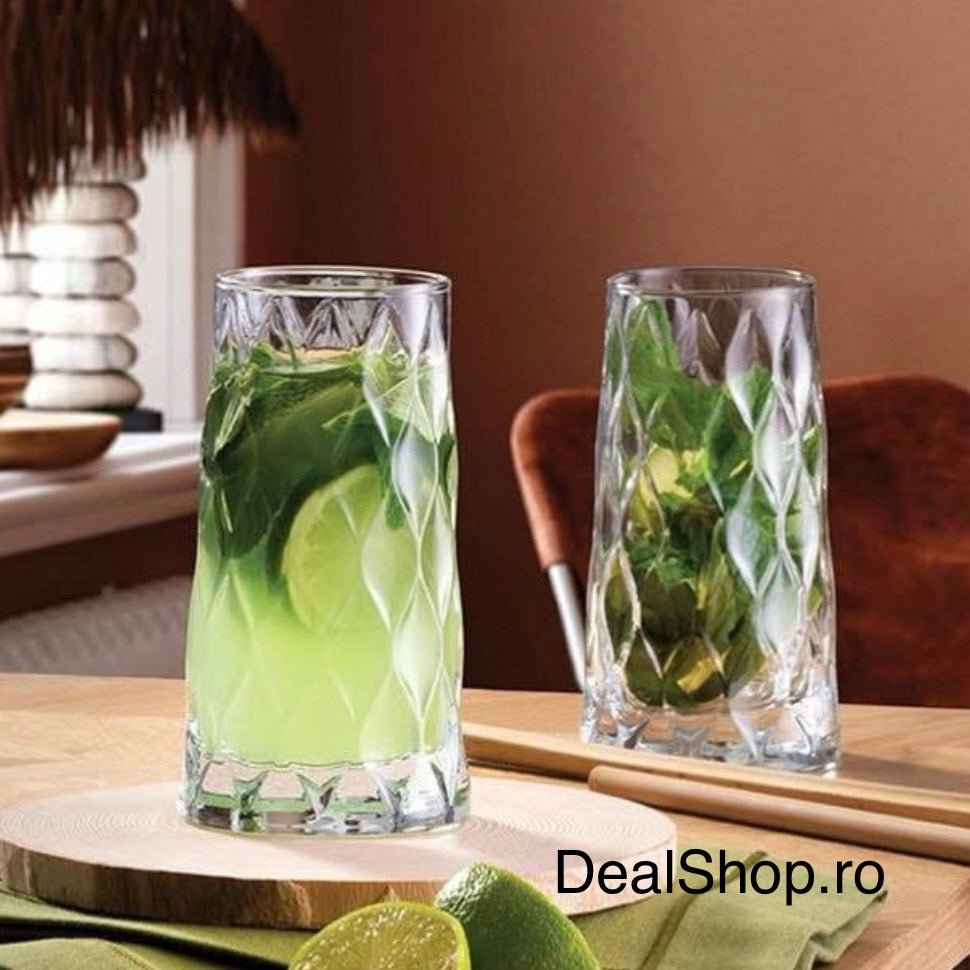Set 4 pahare înalte Leafy, 345 ml – sticla groasa transparenta, design elegant cu model în relief