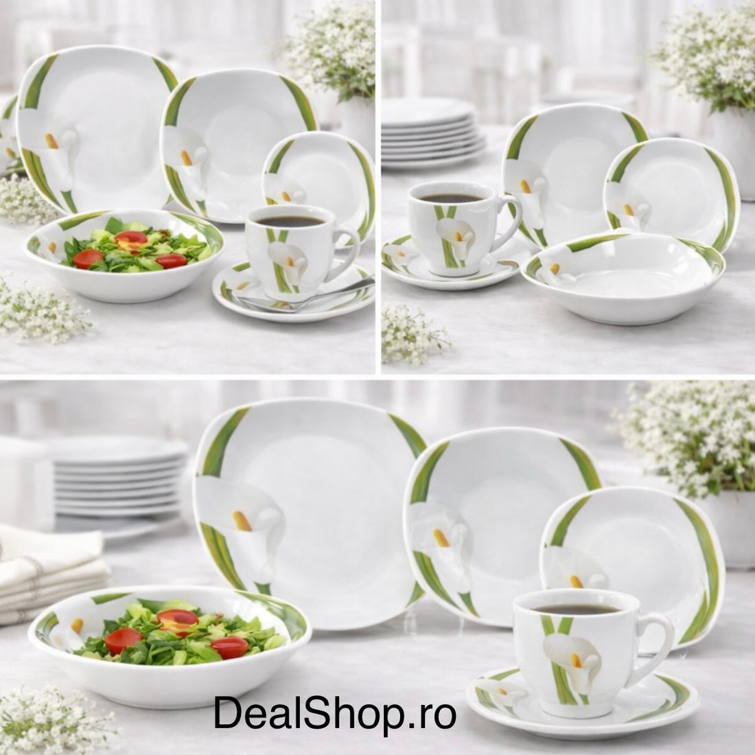 Serviciu de masă din porțelan 31 piese pentru 6 persoane, set farfurii și cești cafea 180 ml, model Cală