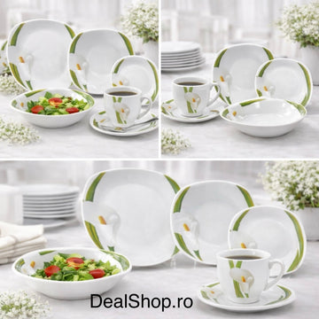 Serviciu de masă din porțelan 31 piese pentru 6 persoane, set farfurii și cești cafea 180 ml model Cală 173-7