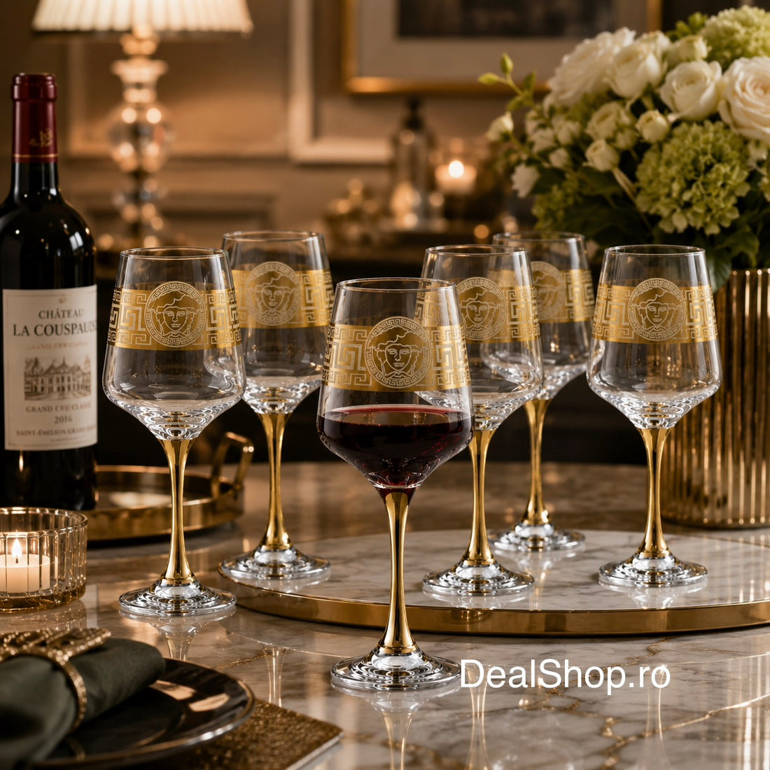 Set 6 pahare din sticlă cu picior Royalty Home 390 ml, design elegant cu detalii aurii