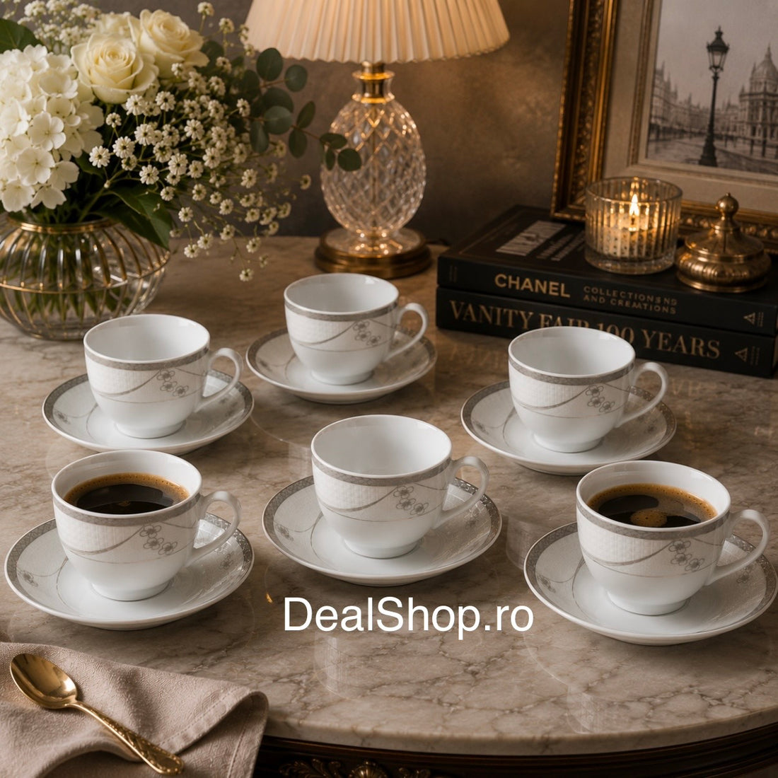 Set 6 cești cu 6 farfurioare din porțelan 200 ml, model floral gri Silver Velvet