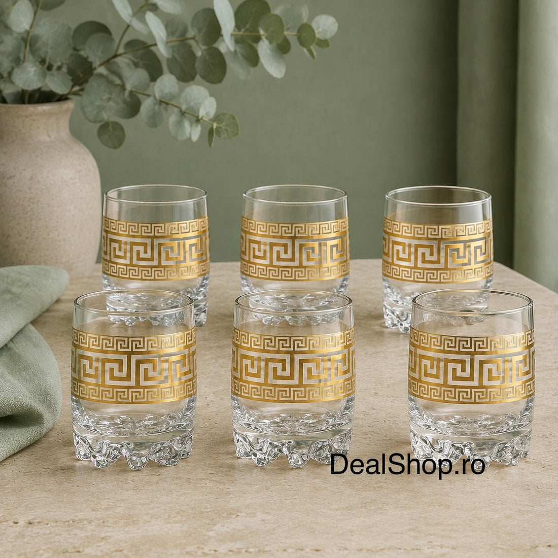 Set 6 pahare din sticlă Royalty Home 200 ml, decor auriu, design elegant