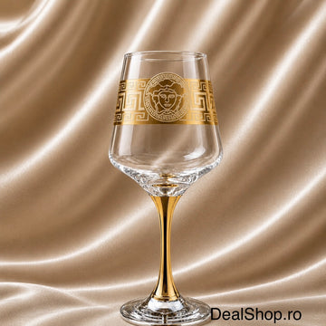 Set 6 pahare din sticlă cu picior Royalty Home 390 ml, design elegant cu detalii aurii