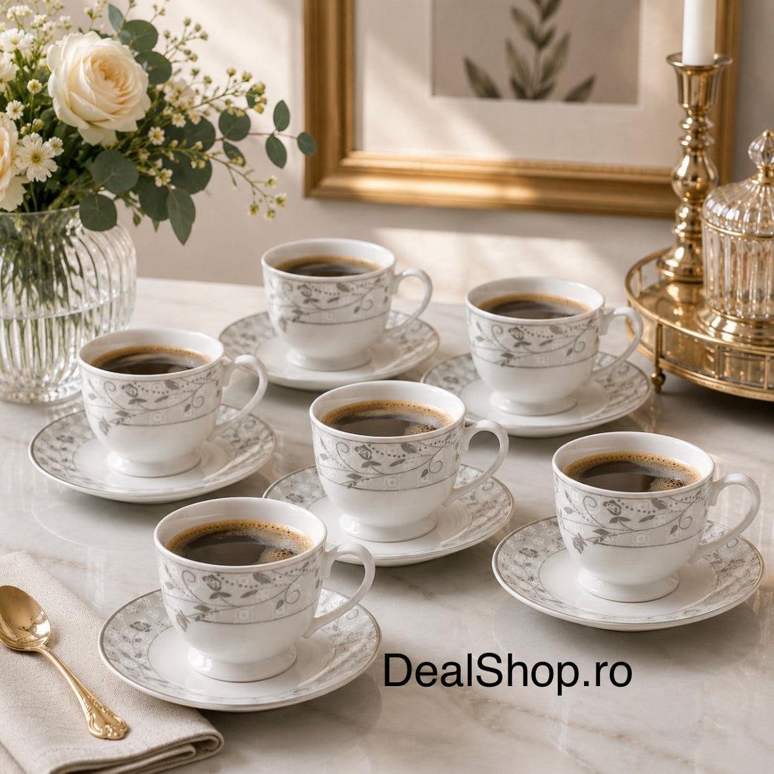 Set 6 cești cu 6 farfurioare din porțelan 200 ml, model floral gri Silver Grace