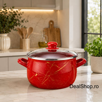 Cratiță emailată Red Marble cu capac din sticlă, 3,8 L, 20 cm inducție